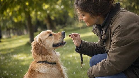 Maître et chien complices lors d'une séance d'éducation positive en extérieur
