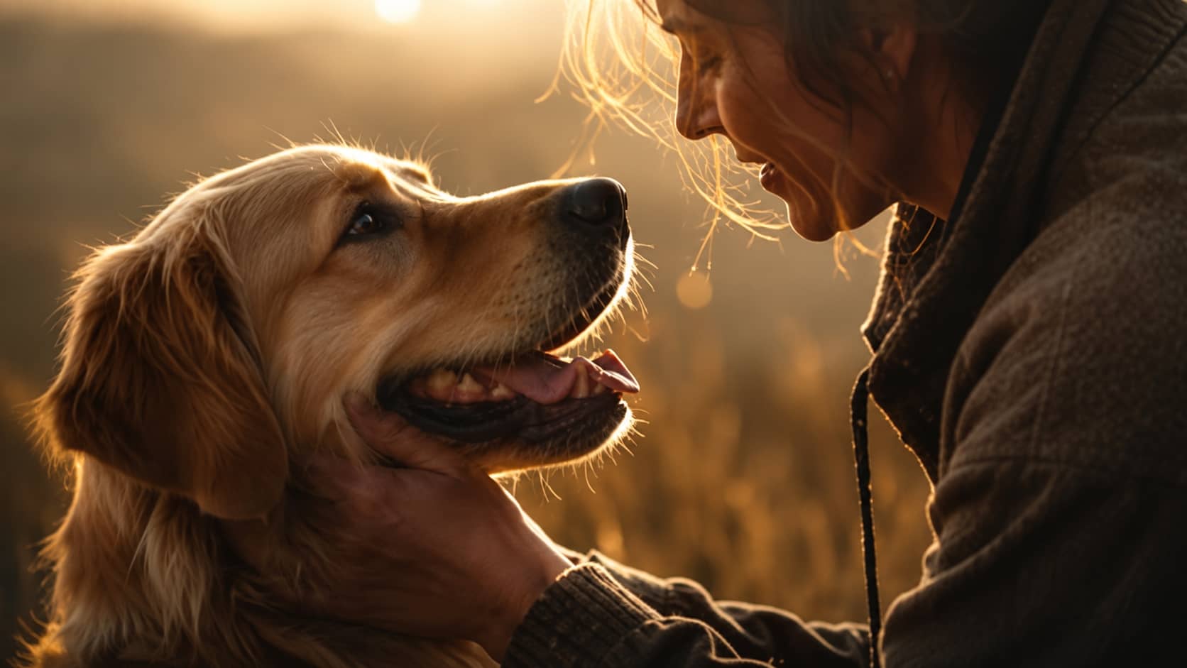 Une personne et son chien en pleine nature, complicité, lumière dorée