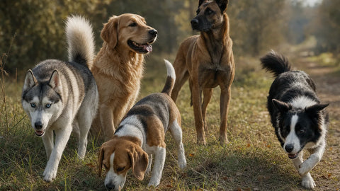 Collage de races de chiens fugueuses (husky, beagle, malinois, border collie) protégées par une clôture anti-fugue PERROWALL