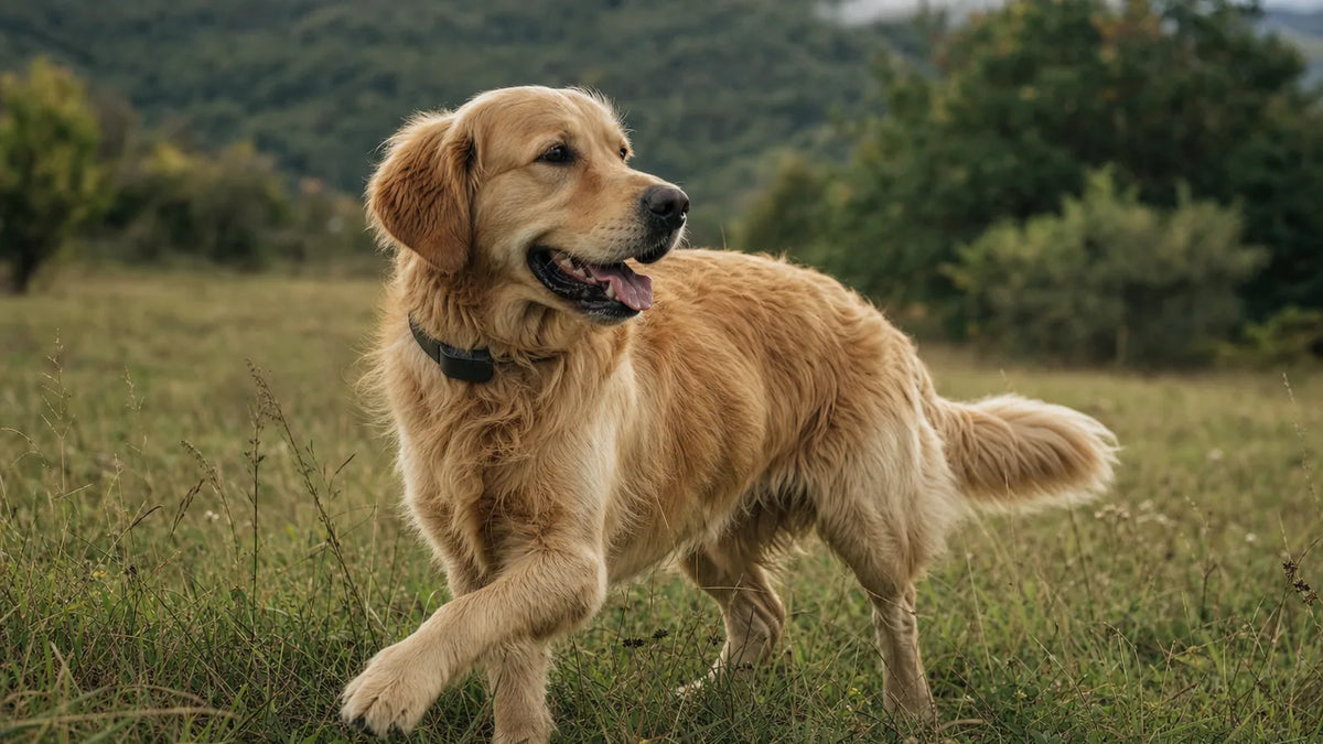 Chien équipé d'un collier GPS dans un grand espace ouvert protégé par PERROWALL