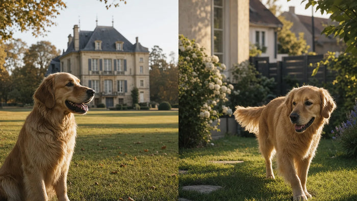Split visuel : un chien sur un grand terrain protégé par une clôture GPS face à un chien dans un jardin avec clôture sans fil PERROWALL