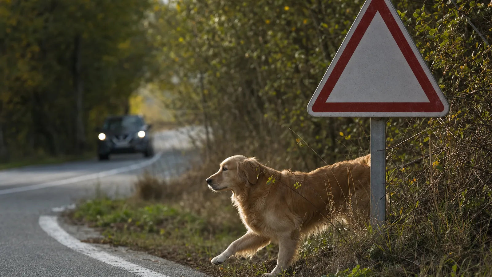 Panneau routier de signalisation et chien au bord d'une route de campagne, évocation du risque d'accident lié à la divagation