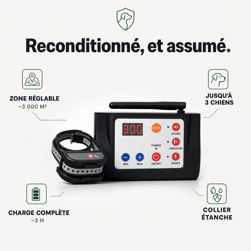 SafeZone Eco-Choice, anti-fugue sans-fil reconditionné PERROWALL : caractéristiques clés